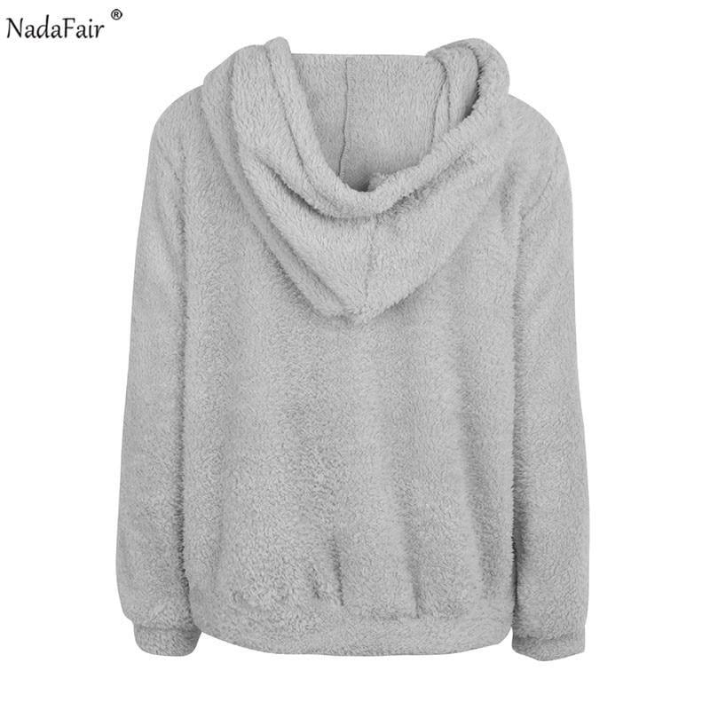 Faux Shearling Hooded Zip Casual Fleece Sweater - women Sweater