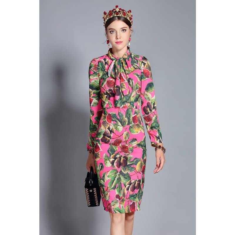 Floral Long Sleeve Bow Collar Elegant Fig Printed Mid Knee Length Slim Dress - Mid Length