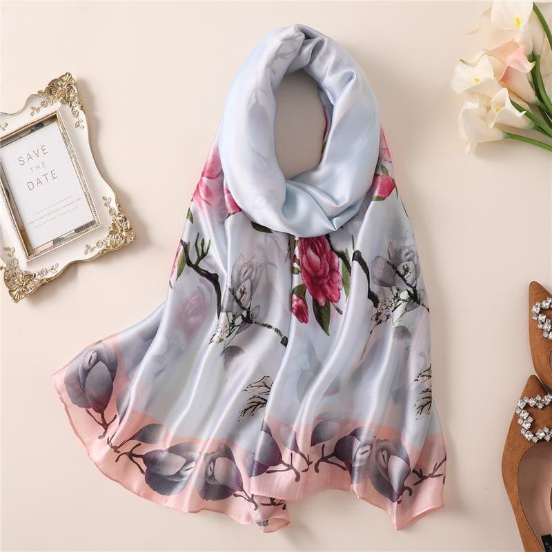 Floral Print Silk Scarf - FS260 light blue - scarf