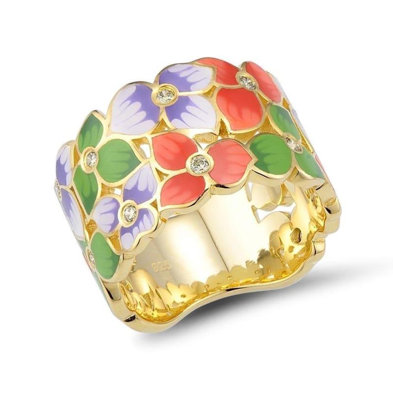 Flower Floral Rings Cubic Zirconia Golden Jewelry Enamel HANDMADE Ring - 7.25 / Yellow Gold Plated - Rings