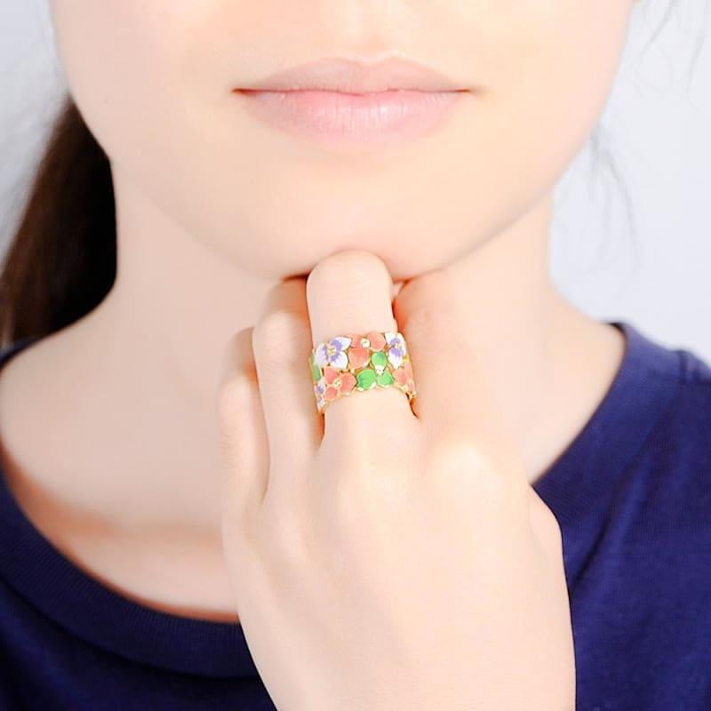 Flower Floral Rings Cubic Zirconia Golden Jewelry Enamel HANDMADE Ring - Rings