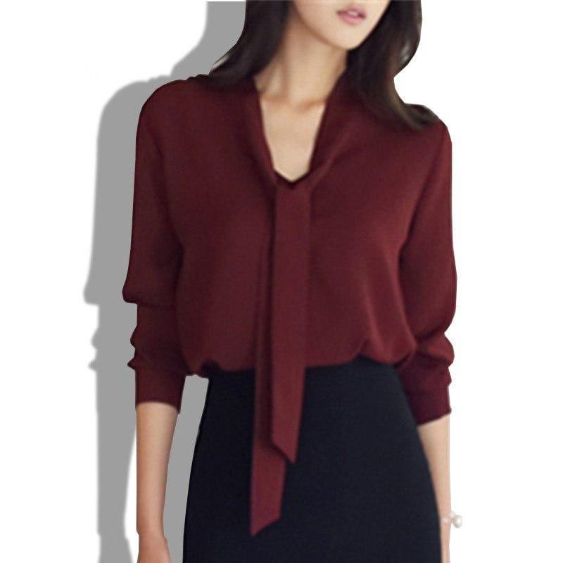 Front Tie Loose Chiffon Solid Color Blouse - Short Sleeve