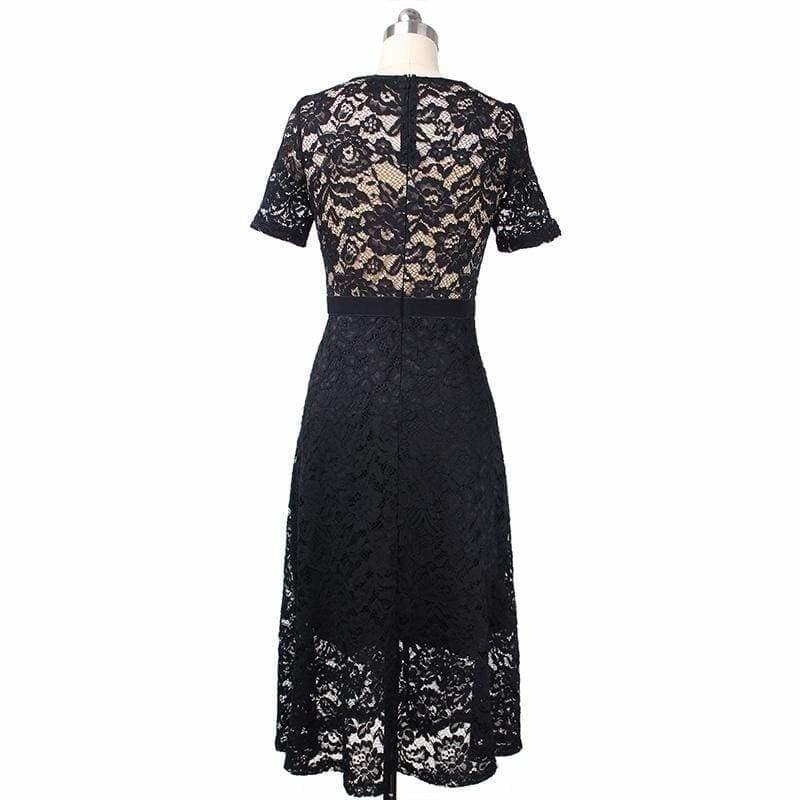 Full Floral Lace Contrast Patchwork Flare Swing Skater A-Line Midi Dress - Midi Dress