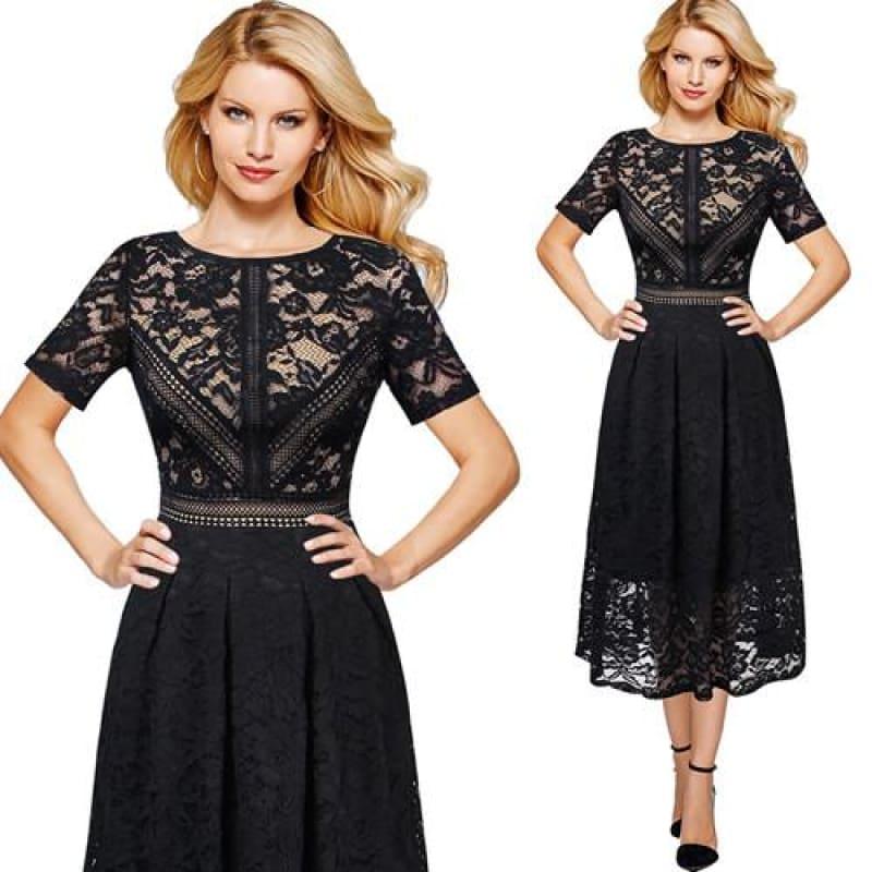 Full Floral Lace Contrast Patchwork Flare Swing Skater A-Line Midi Dress - TeresaCollections