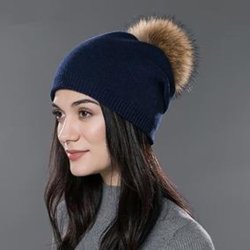 Fur Pom Pom Wool Knitted Thick Warm Beanies Hats - 02D - Hats