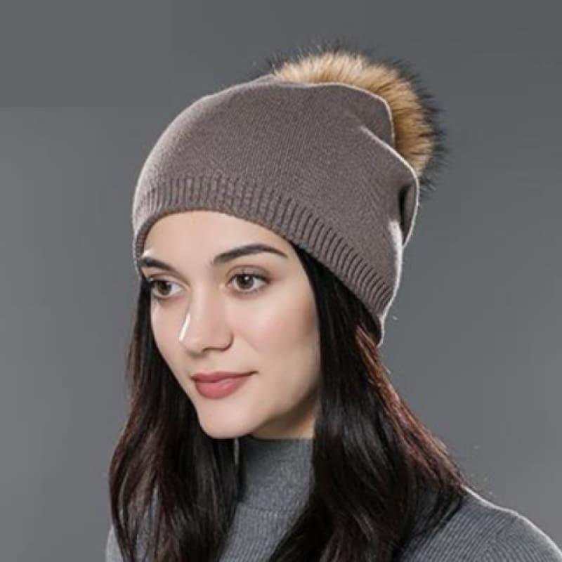 Fur Pom Pom Wool Knitted Thick Warm Beanies Hats - 04D - Hats