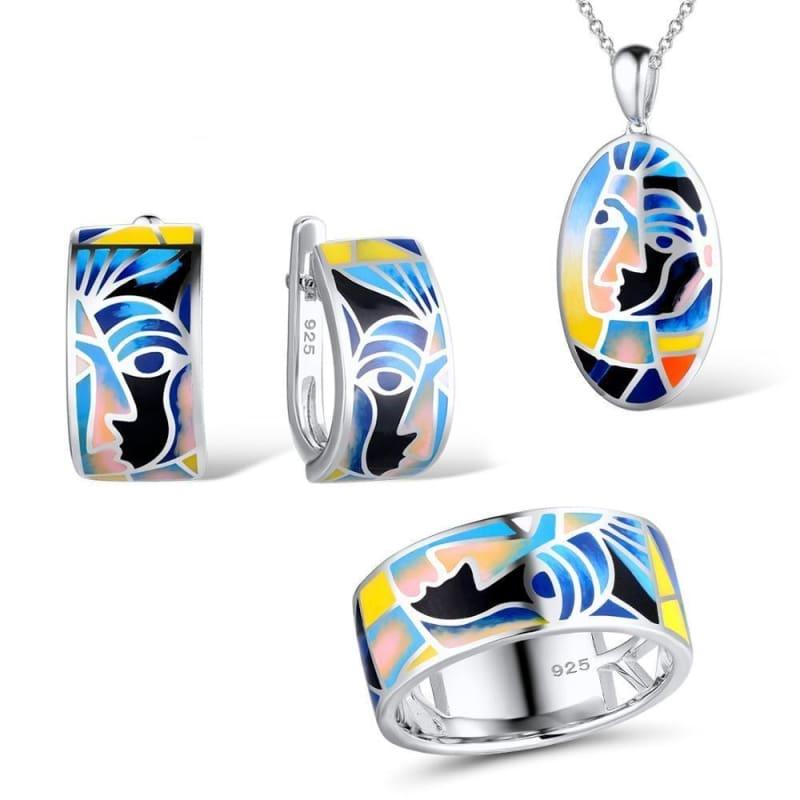 Genuine 925 Sterling Silver Face Ring Earrings Pendant Chic Colorful HANDMADE Enamel Jewelry Set - Jewelry Set