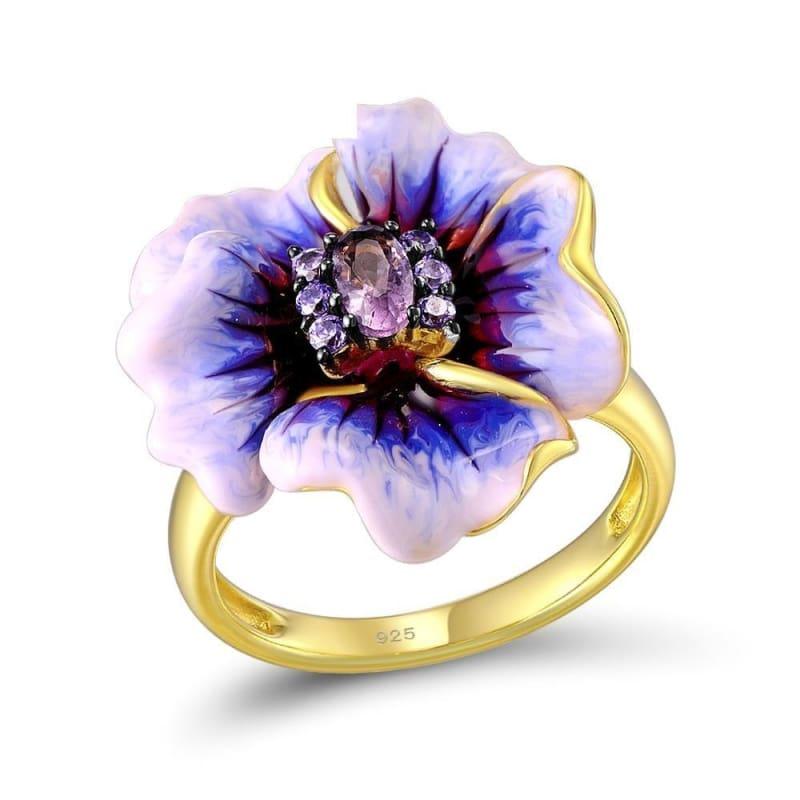 Genuine 925 Sterling Silver Purple Blooming Flower Glamorous Ring - 6 - Rings