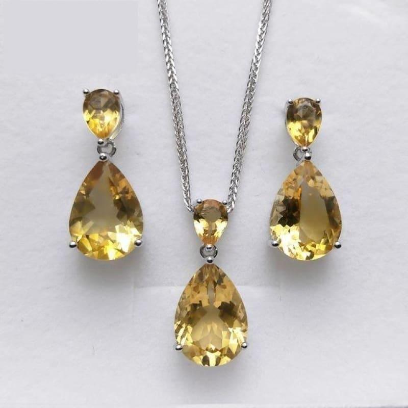 Gorgeous Pear Shaped Brazil Citrine S925 silver Gemstone Earring and Pendant Jewelry Set - jewelry set / 45cm - Jewelry Set