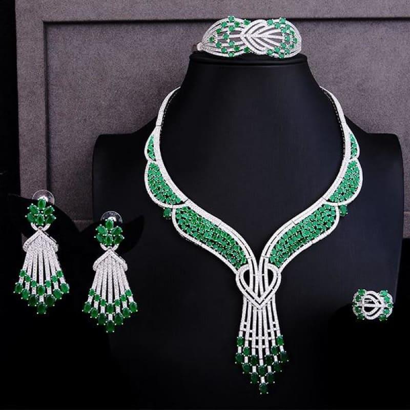 Green Butterfly Flower 4PCS Wedding Zircon Crystal CZ Bridal Lariat Necklace Jewelry Set - Green / Resizable - Jewelry Set