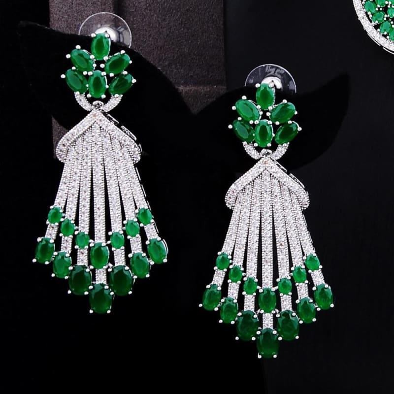 Green Butterfly Flower 4PCS Wedding Zircon Crystal CZ Bridal Lariat Necklace Jewelry Set - Jewelry Set