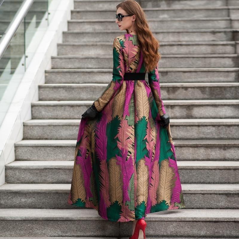 Green Fall Leave Patern Boho Long Sleeves Fashion Dress Floral Jacquard Winter Formal Maxi Dress - TeresaCollections