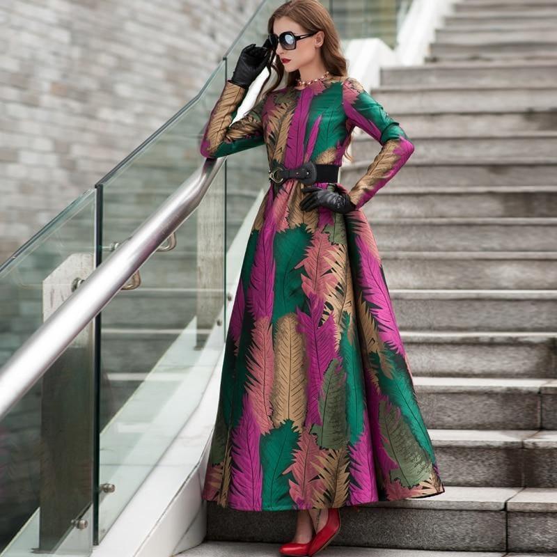 Green Fall Leave Patern Boho Long Sleeves Fashion Dress Floral Jacquard Winter Formal Maxi Dress - TeresaCollections