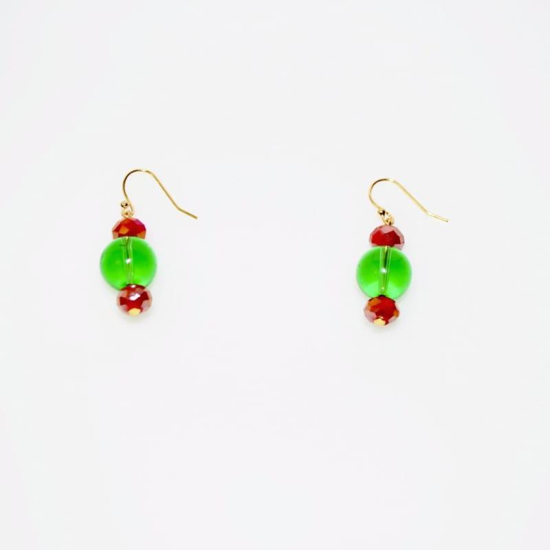 Green Quartz Red Crystal Dangle Earrings - Handmade