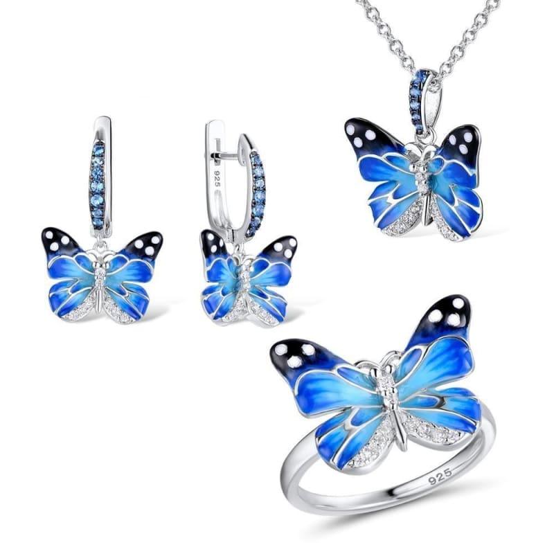 HANDMADE Enamel CZ Stones Butterflies Ring Earrings Pendent Necklace 925 Sterling Silver Women Jewelry Set - 7.25 - jewelry set