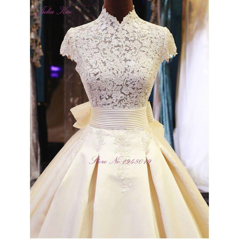 High Collar A-Line Floor Length Appliques With Bow Tiered Stain Dress - TeresaCollections