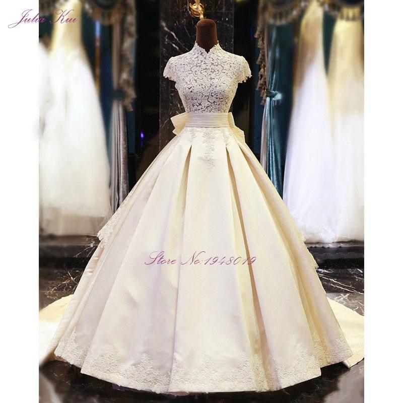 High Collar A-Line Floor Length Appliques With Bow Tiered Stain Dress - TeresaCollections