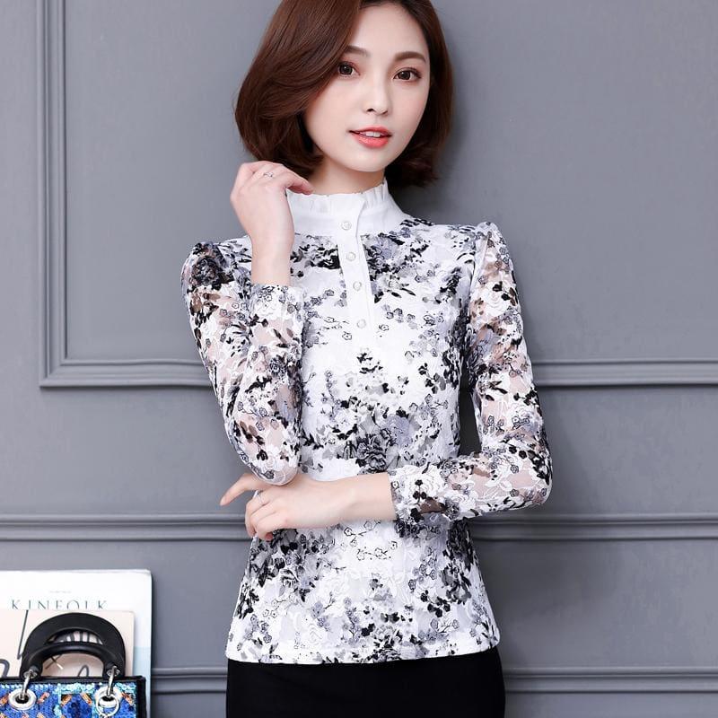 High Neck Slim Printed Shirt Lace Tops - style 12 / 4XL - Long Sleeve
