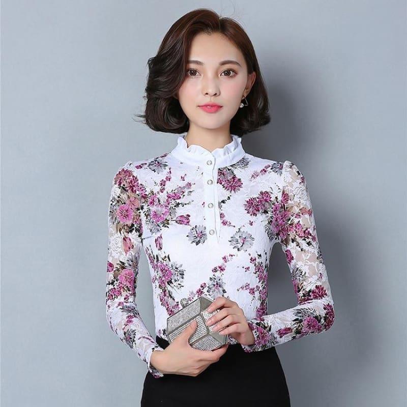 High Neck Slim Printed Shirt Lace Tops - style 14 / 4XL - Long Sleeve