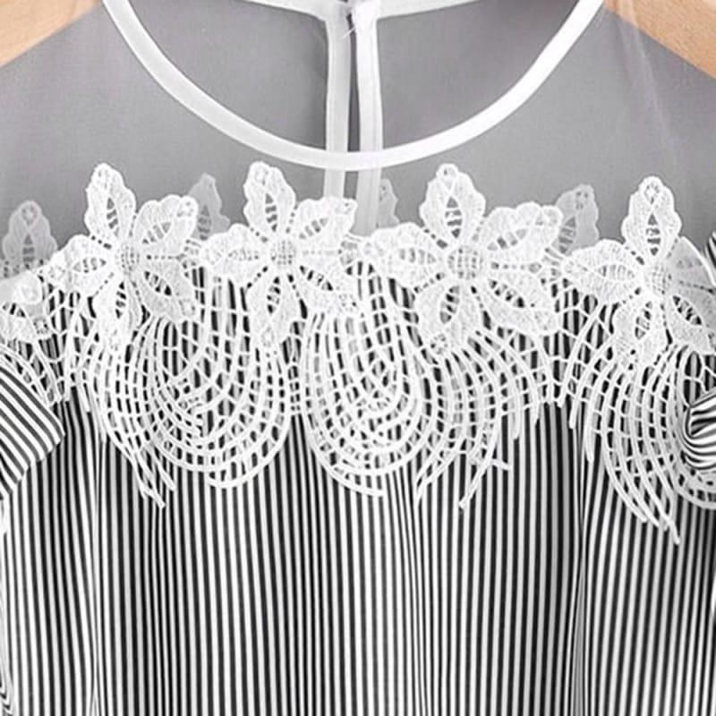 Lace Accent Short Sleeve Off Shoulder Lace Striped Casual Top - TeresaCollections