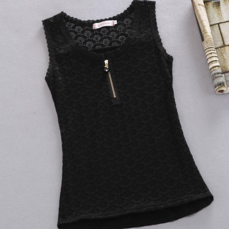 Lace Patchwork White Sexy Hollow Out Chiffon Lace Sleeveless Top - black / 4XL - Sleeveless