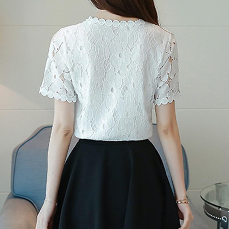 Lace Short Sleeve O-Neck Elegant White Top and Blouse - TeresaCollections