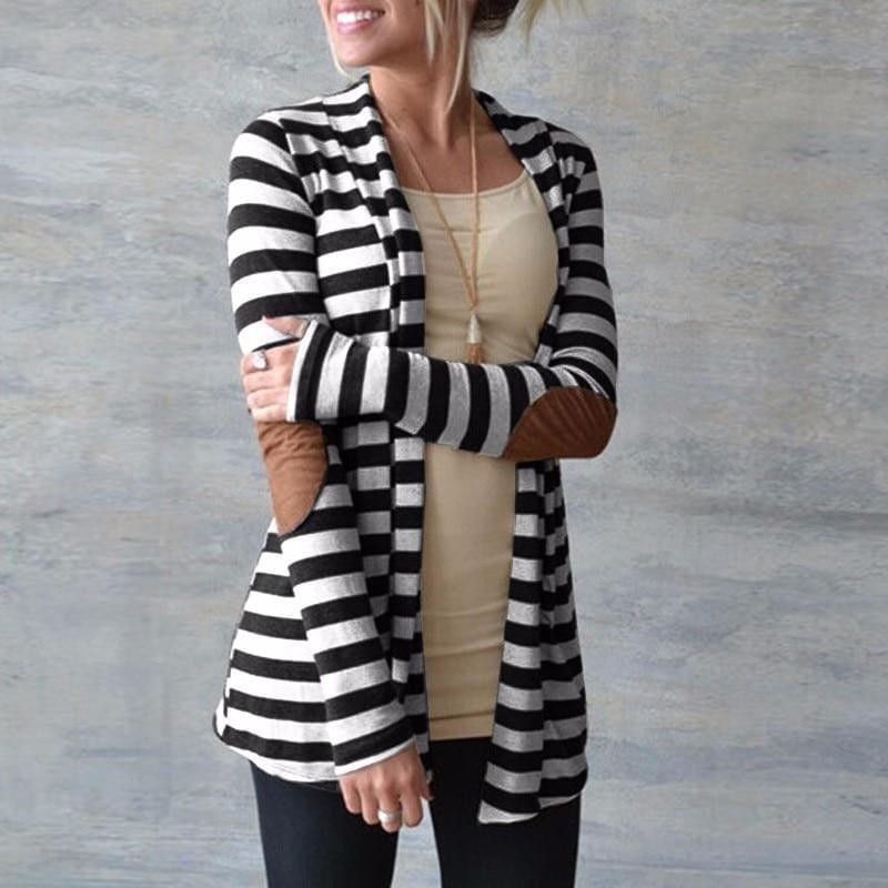 Long Sleeve Striped Printed Casual Elbow Patchwork Knitted Sweater - Black / 4XL - women Sweater