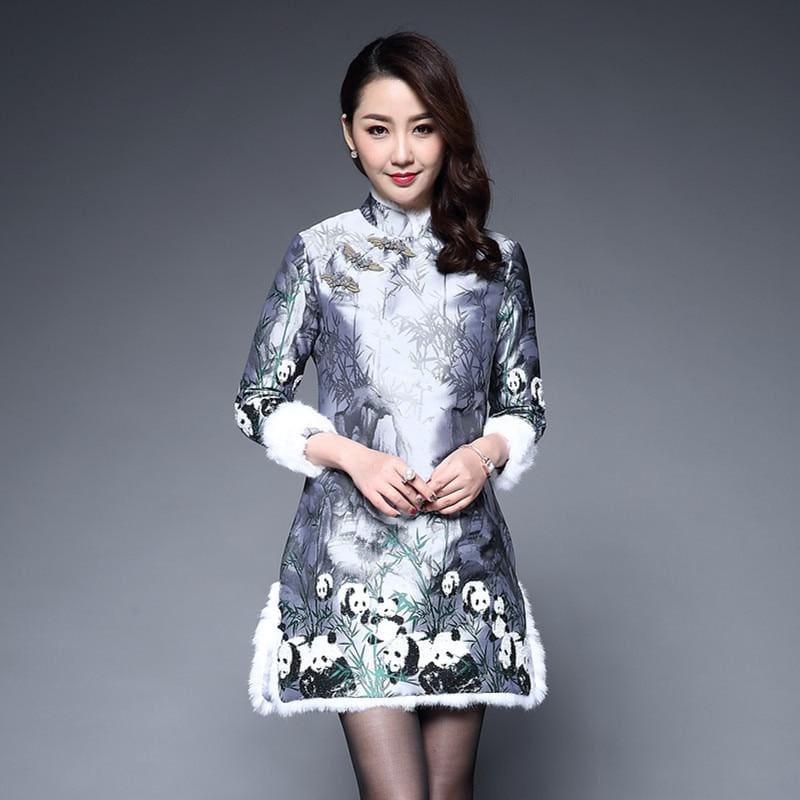 Long Sleeve Winter Qipao Satin Cheongsam Cotton Red Chinese Traditional Mini Dress - Mini Dress