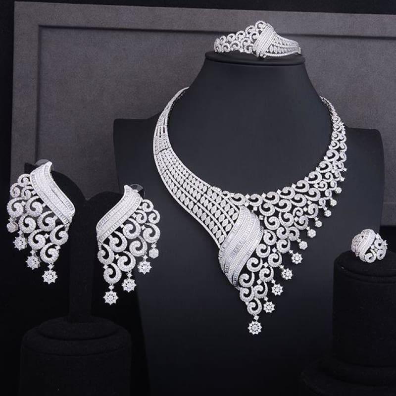 Luxury Climbing Flower Bridal Cubic Zirconia Necklace Dubai 4PCS Jewelry Set - Silver / Resizable - jewelry set