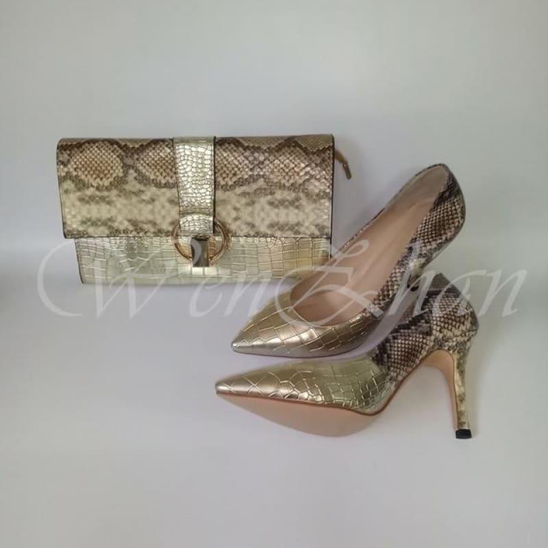 Luxury Lady Shoes Fashion Snake Leather High Heels Party Matching Clutch Handbag And Pumps Sets - TeresaCollections