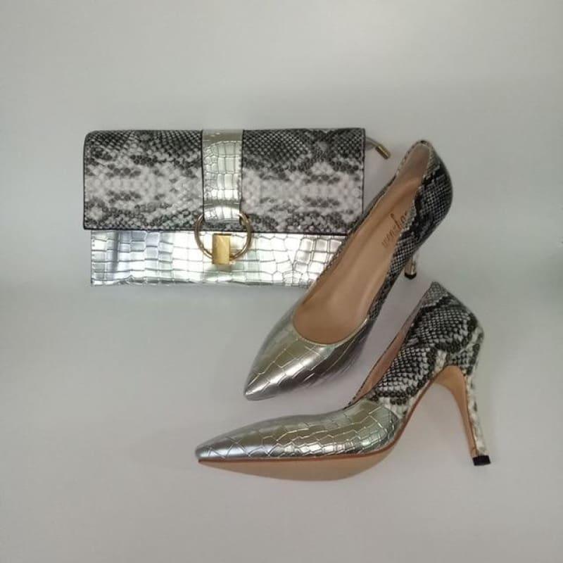 Luxury Lady Shoes Fashion Snake Leather High Heels Party Matching Clutch Handbag And Pumps Sets - Silver / 5 - Pumps