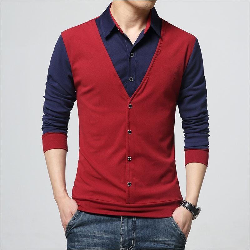 Mens T Shirts Fake Two Toned Designer Long Sleeve T Shirt - Red / L - Mens T-shirt