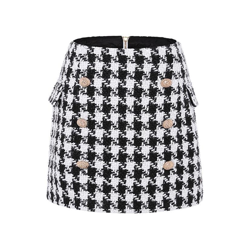 Metal Lion Buttons Embellished Houndstooth Tweed Mini Skirt - TeresaCollections
