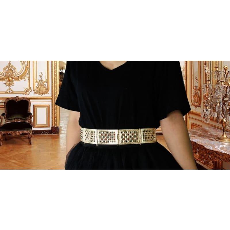 Metal Waist Belt Crystal Gold Color Crystal Adjustable Length Square Button Belt - Belt