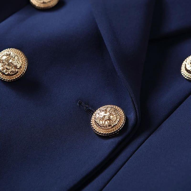 Navy Blue Gold Buttons Double Breasted Women Blazers - Jackets