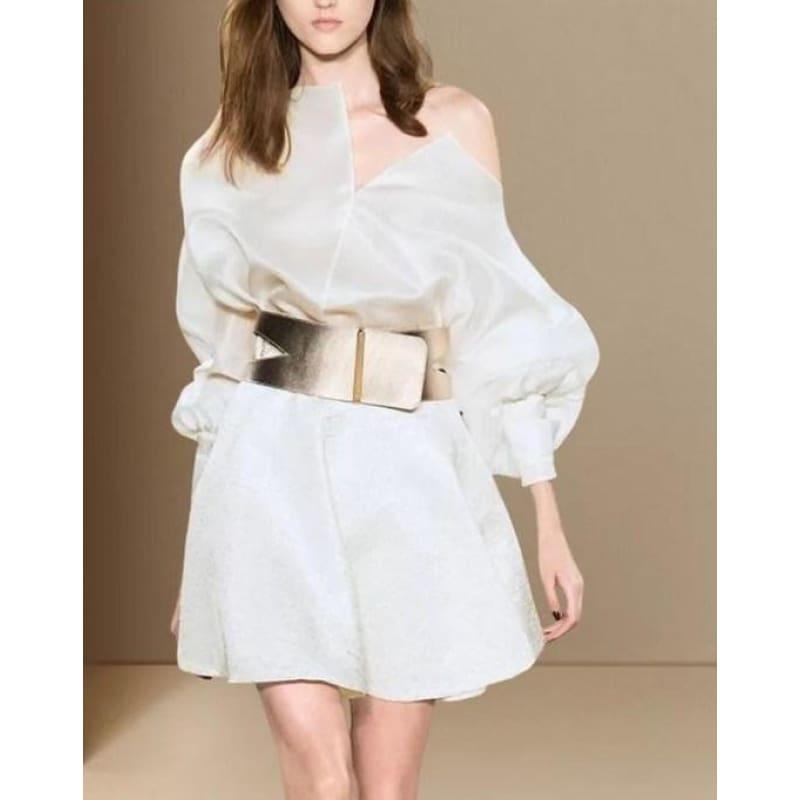 Off Shoulder V Neck Party Lantern Sleeve High Waist Asymmetrical Mini Dress - mini dress