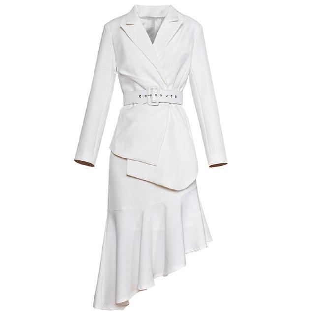 White Two Piece Set Blazer and Skirt - TeresaCollections