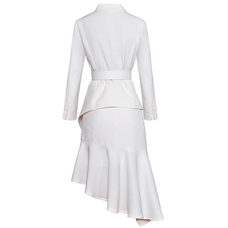 White Two Piece Set Blazer and Skirt - TeresaCollections