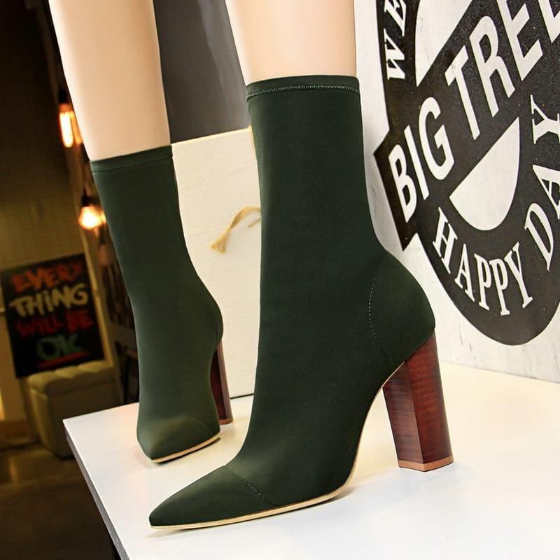 Olive Pointed Toe High Heel Shoes Winter Ankle Boots - boots