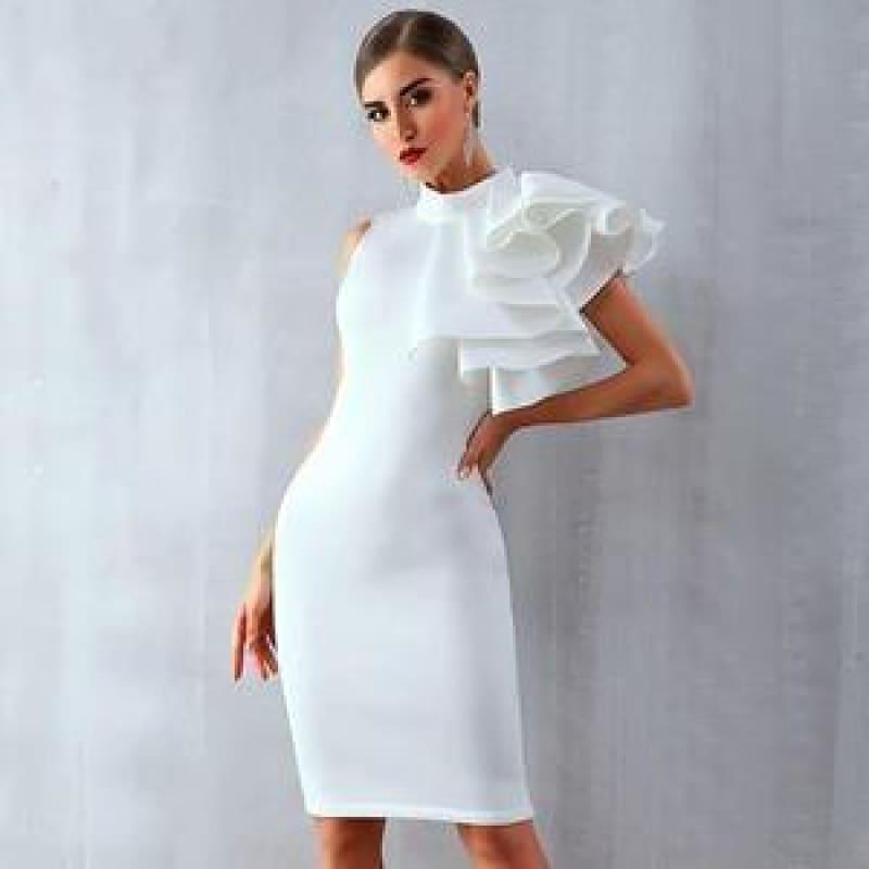 One Shoulder Ruffles Sexy Sleeveless Bodycon Midi Dress - White / L - Midi Dress