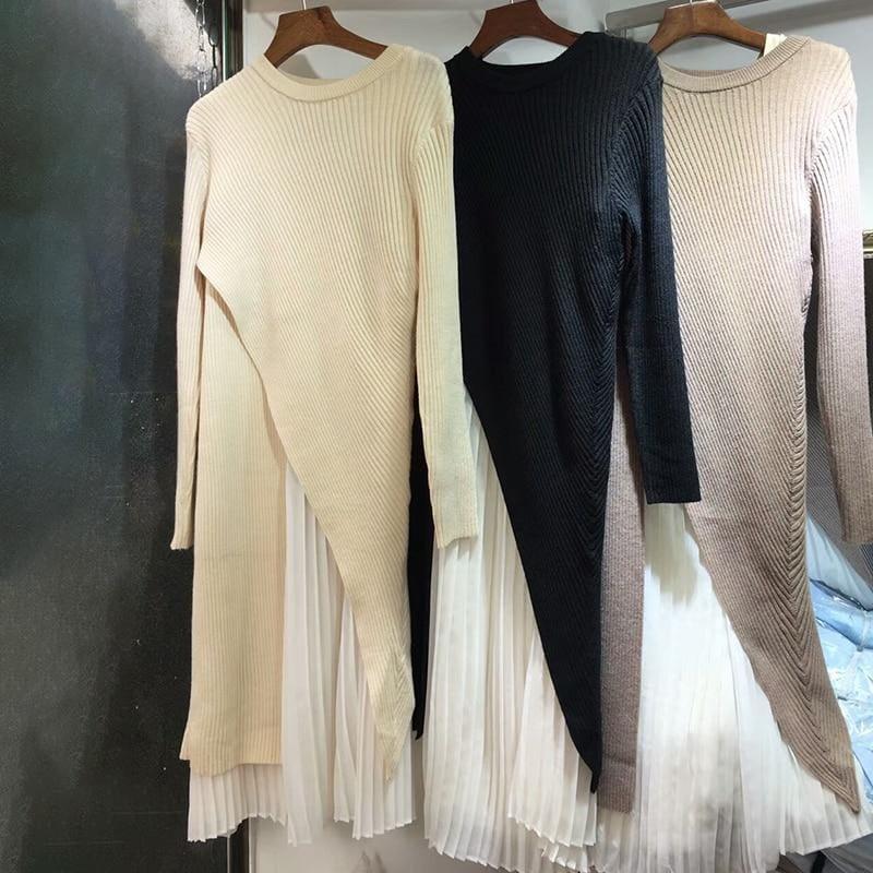 One Size Sweater Pleated Long Sleeve Midi Dress - Midi