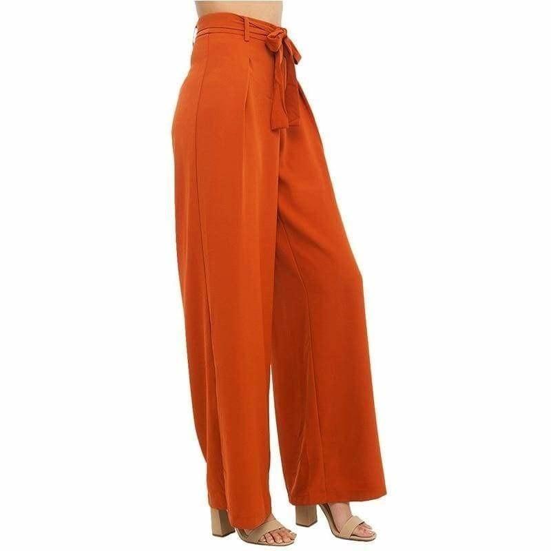 Orange Wide Leg Chiffon Pants High Waist Tie Front Trousers Palazzo OL Elegant Pants - Pants