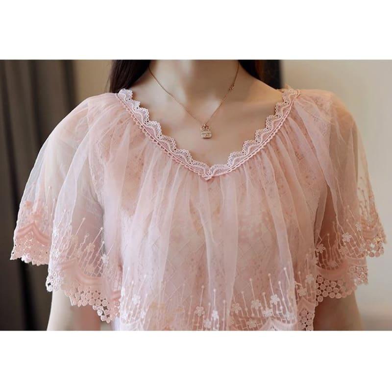 Peach Summer Lace Shirt Fashion Blouse - Short Sleeve