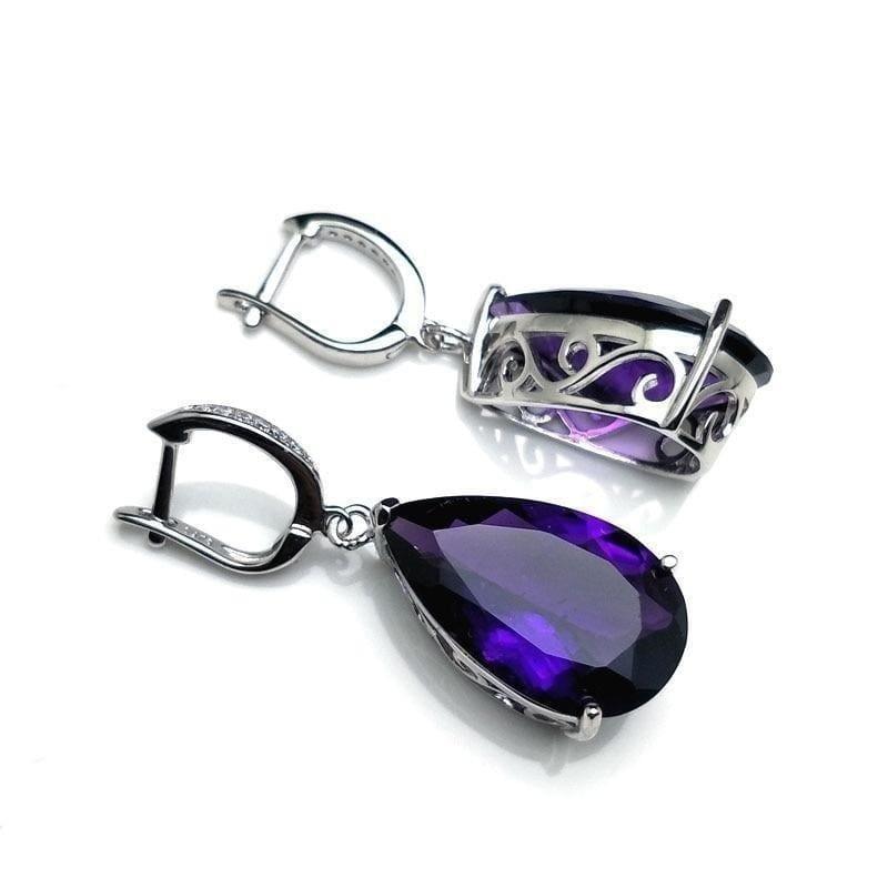Pear Shaped 925 Silver Dangle Clasp Earring Pendant African Amethyst Luxury Jewelry Set - Jewelry set