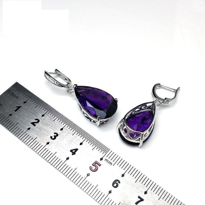 Pear Shaped 925 Silver Dangle Clasp Earring Pendant African Amethyst Luxury Jewelry Set - Jewelry set