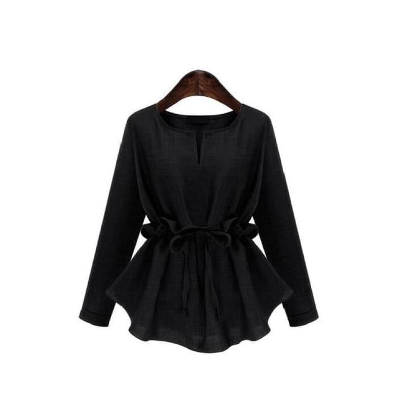 Peplum Lace Up Ruffle Waist Tunic Long Sleeves Plus Size Blouse - Black / 4Xl - Long Sleeve