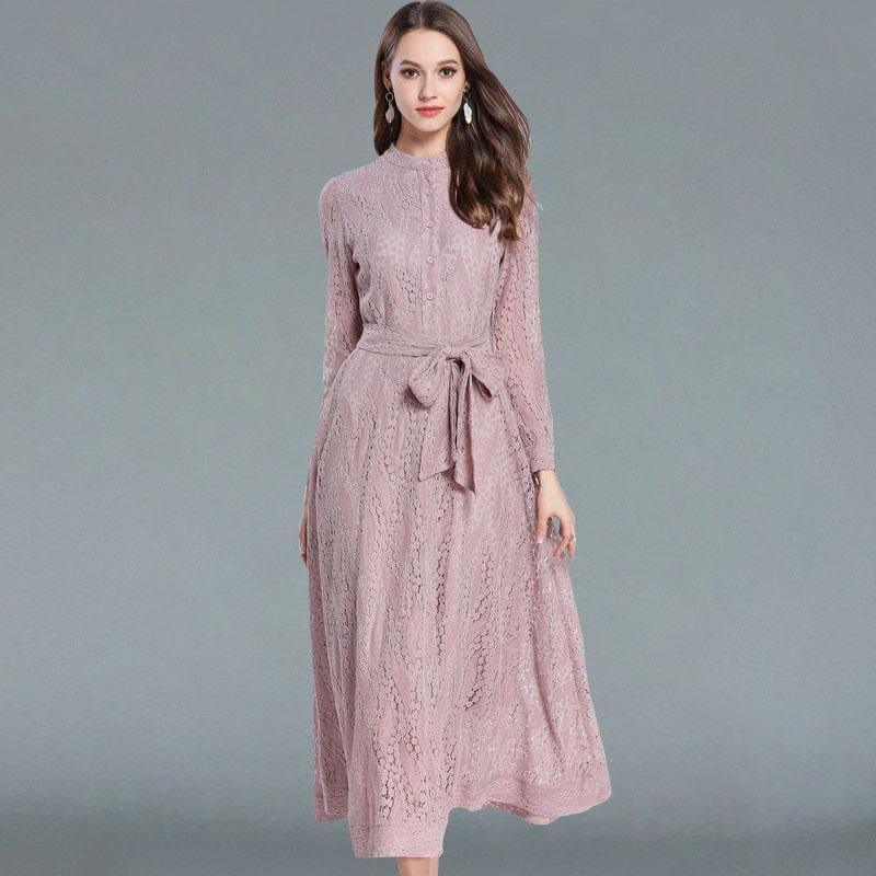 Pink A-Line Vintage Belted Lace Maxi Dress - Pink / S - Maxi Dress