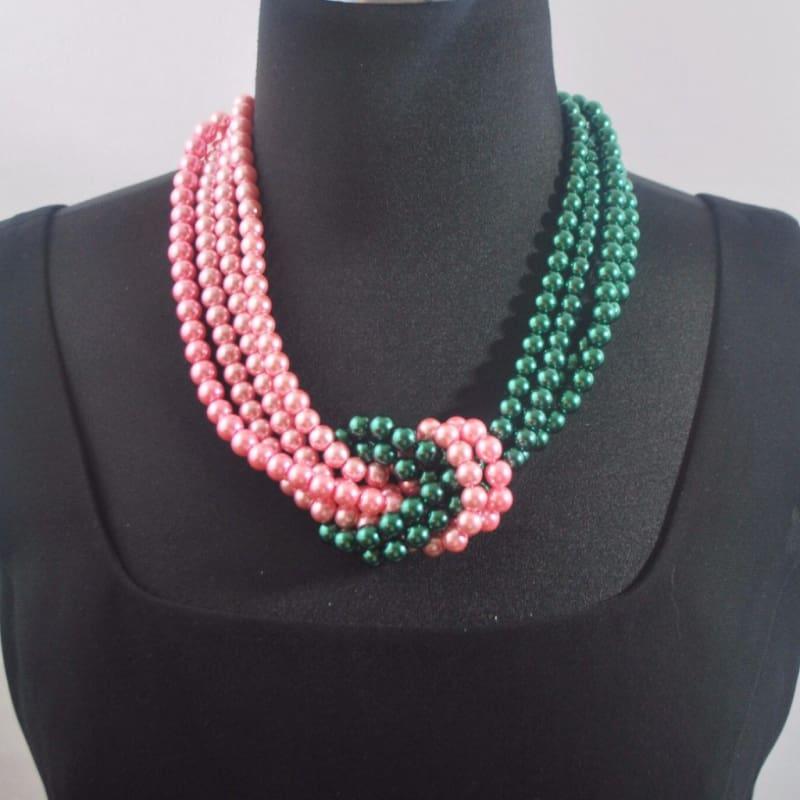 Pink And Green Twist Beaded Pearls Necklace - Handmade