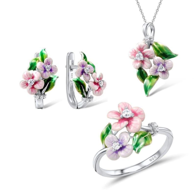 Pink Flower CZ Stones Ring Earrings Pendent Necklace 925 Sterling Silver Women Jewelry Set - 5.5 - Jewelry Set