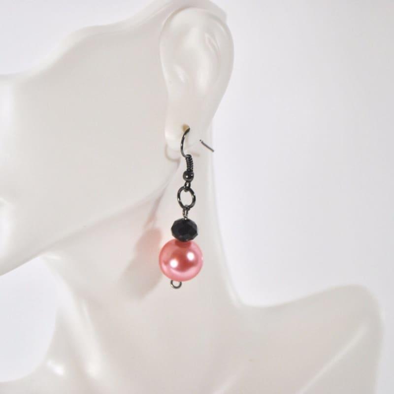Pink Glass Pearls With Gunmetal French Hoops Womens Dangle Earrings - Red earrings